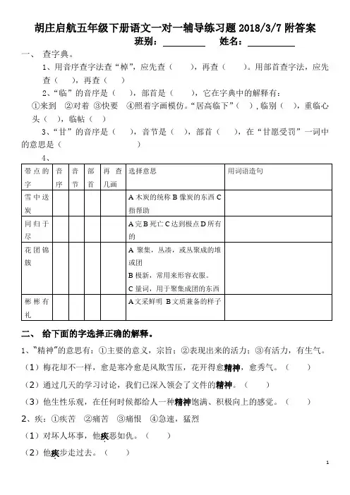 人教版小学五年级下册语文一对一提高辅导练习题附答案