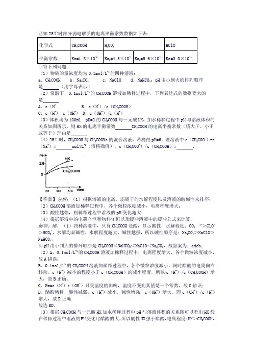 已知25℃时部分弱电解质的电离平衡常数数据如下表