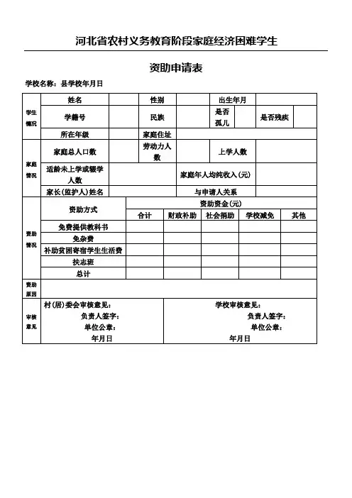 河北省农村家庭经济困难学生资助申请表