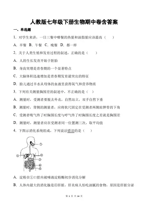 人教版七年级下册生物期中卷含答案