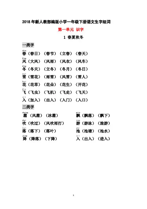 2018年新人教部编版小学一年级下册语文生字组词