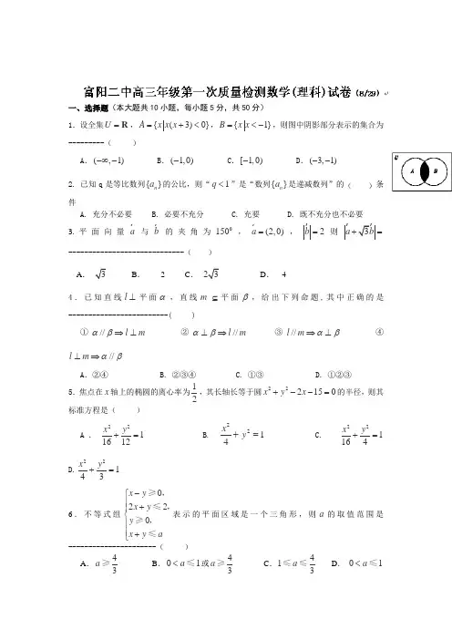全国百强高中高三高考月考试卷-浙江富阳二中2015届高三上学期第一次质量检测(8月)数学理科试卷(无答案)