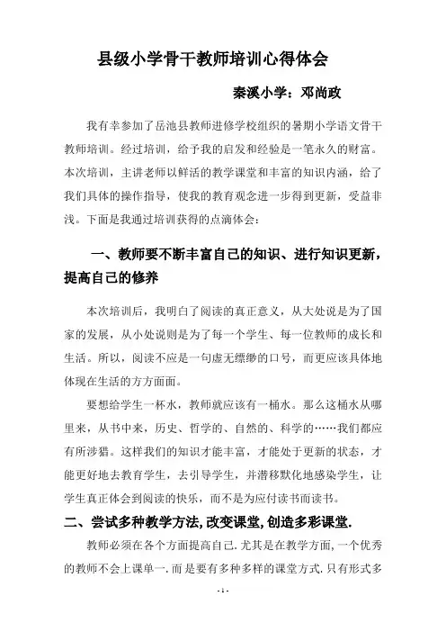 县级小学骨干教师培训心得
