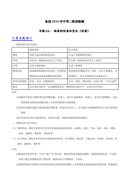 专题04 物质的性质和变化(讲)-备战2016年中考化学二轮复习讲练测(解析版)
