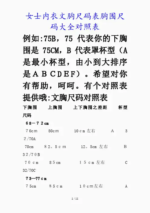 最新女士内衣文胸尺码表胸围尺码大全对照表(精品课件)