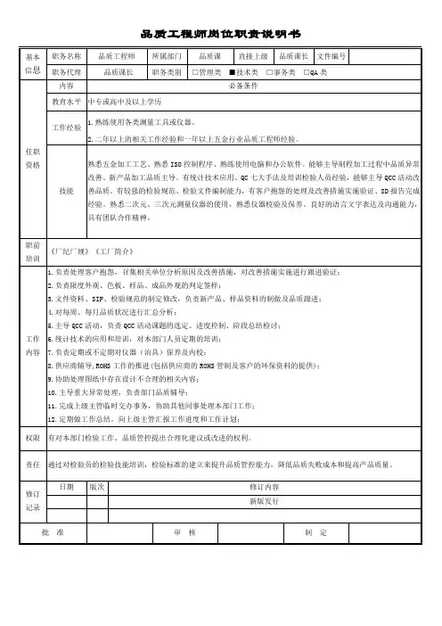 品质工程师岗位职责说明书