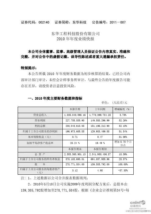 东华科技：2010年年度业绩快报 2011-02-26