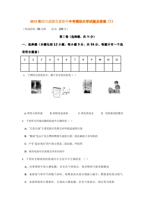 通用版2012年四川成都石室联中中考模拟化学试题及答案(1)