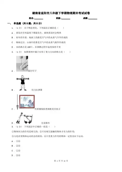 湖南省益阳市八年级下学期物理期末考试试卷