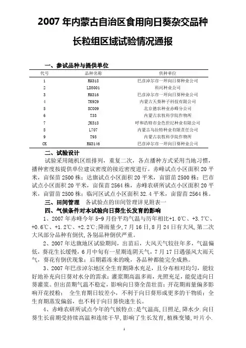 2007年内蒙古自治区食用向日葵杂交品种