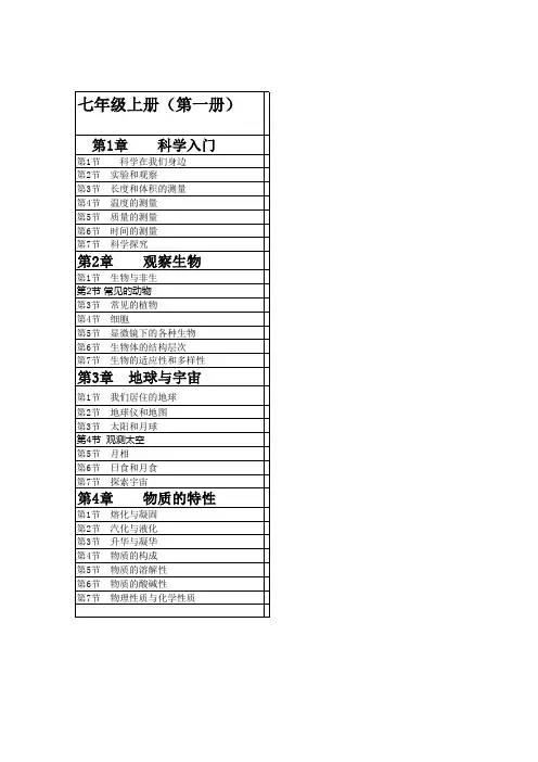 浙教版科学书目录(初一至初三)