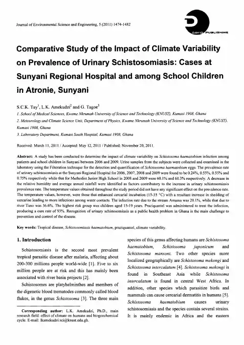 Comparative Study of the Impact of Climate Variability on Prevalence of Urinary Schistosomiasis