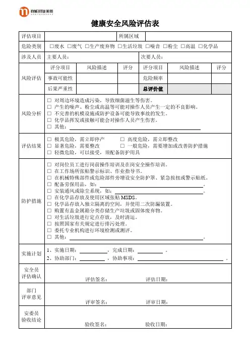 健康安全风险评估表