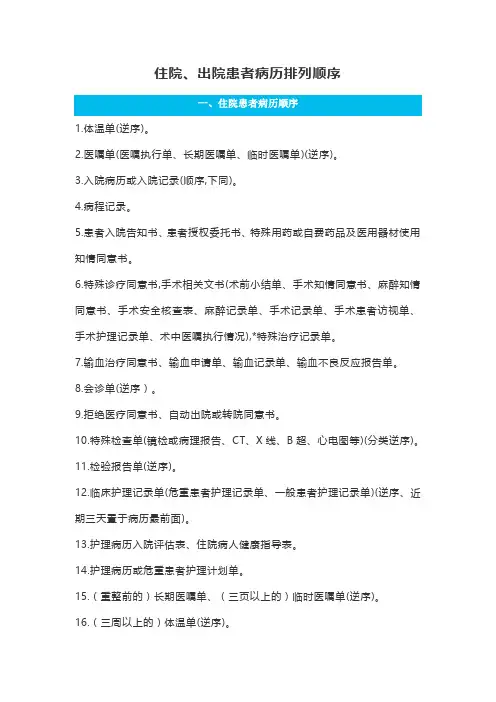 住院、出院患者病历排列顺序
