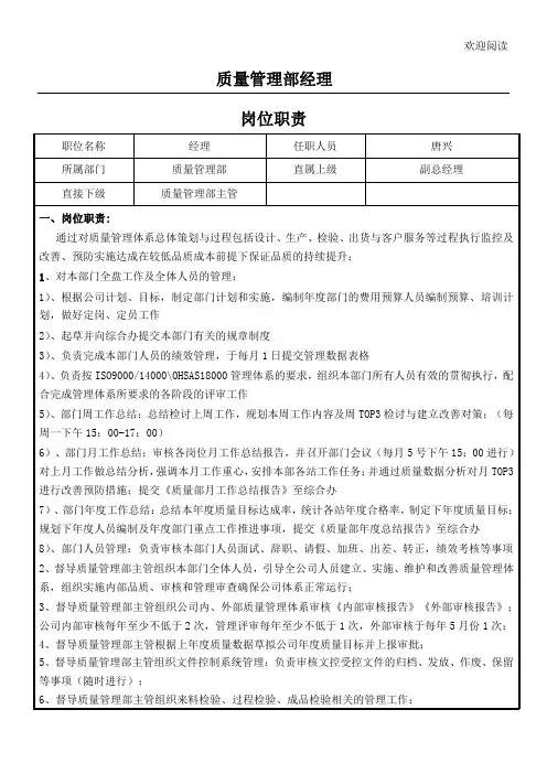质量管理部工作职责(新