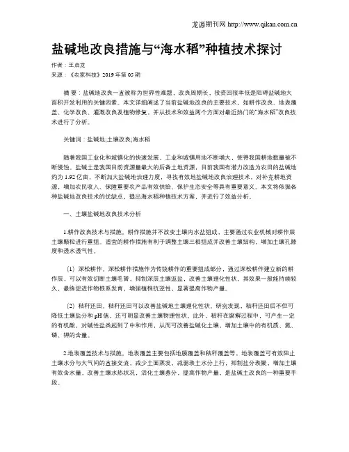 盐碱地改良措施与“海水稻”种植技术探讨