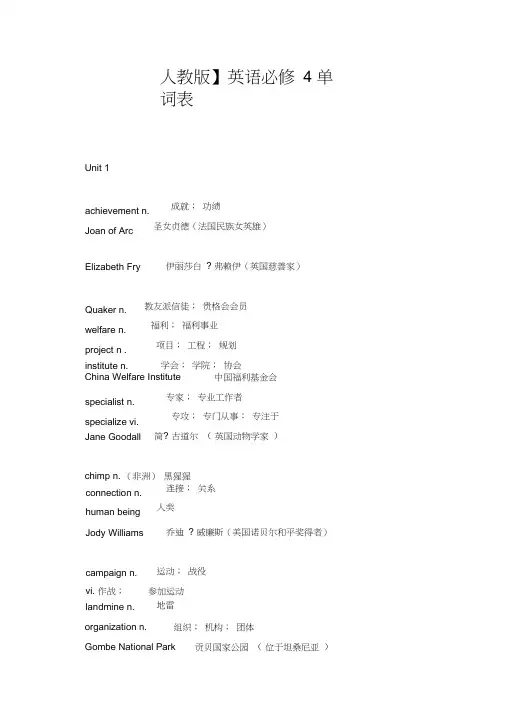 【人教版】英语必修4单词表