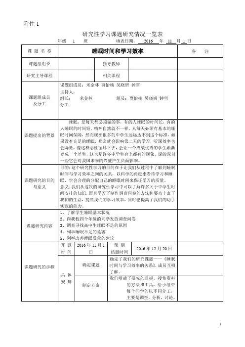 示例研究性学习课题研究情况一览表