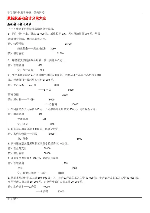最新版基础会计分录大全