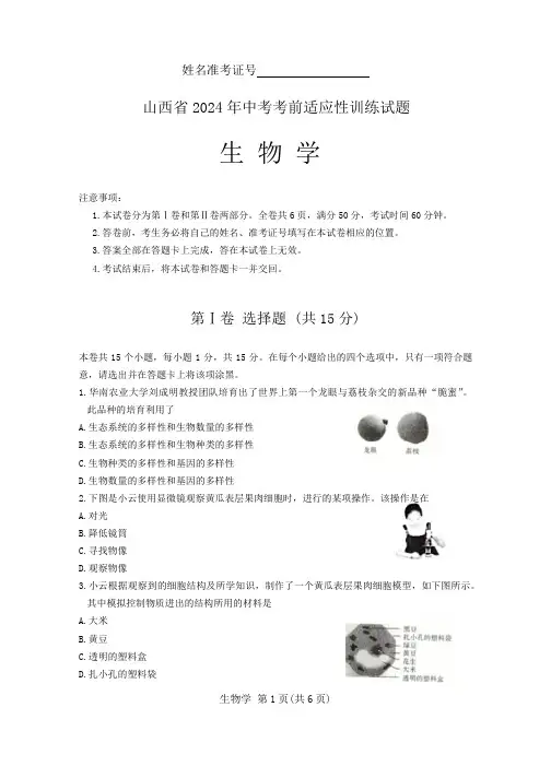 2024年山西省中考考前适应性训练生物试题