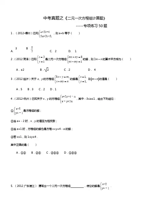 中考真题 二元一次方程组计算题专项练习 题 有答案 