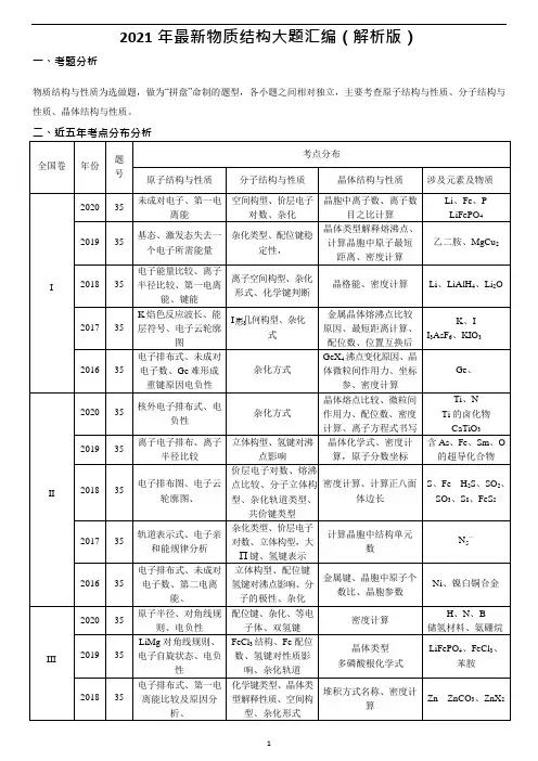 2021年高考化学最新物质结构大题汇编