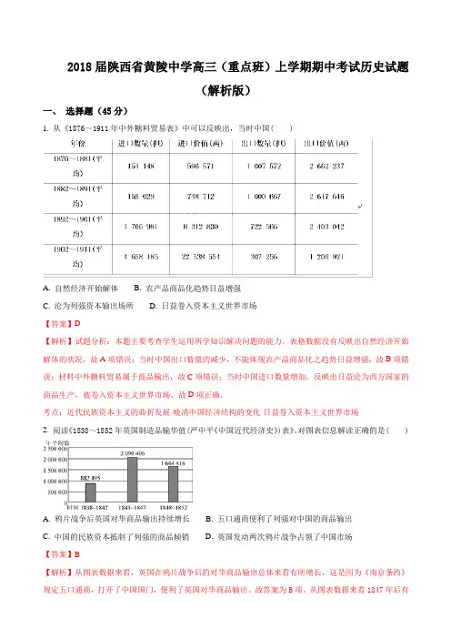 2018届陕西省黄陵中学高三(重点班)上学期期中考试历史试题 Word版 含答案