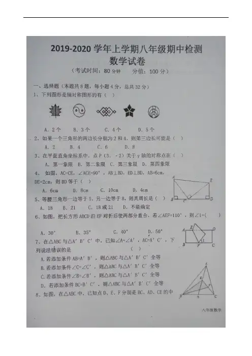 河南省商丘市柘城县实验中学2019-2020学年八年级上学期期中考试数学试题(扫描版)