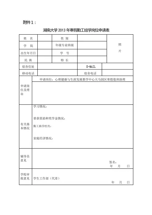 湖南大学2013年寒假勤工组学岗位申请表