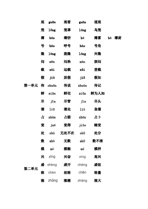 部编版小学语文四年级上册1-4单元多音字汇总