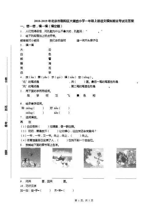 2018-2019年北京市朝阳区大望路小学一年级上册语文模拟期末考试无答案