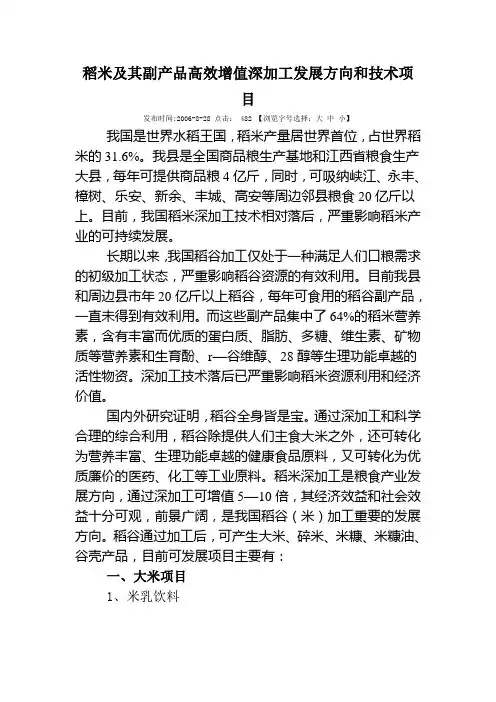 稻米及其副产品高效增值深加工发展方向和技术项目