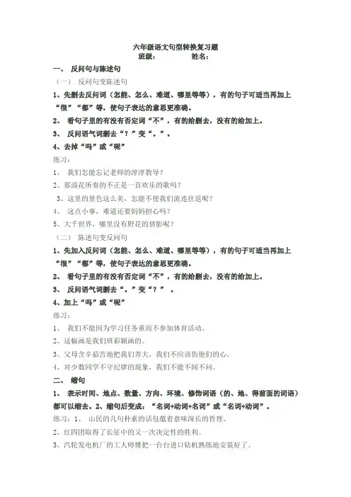 六年级语文句型转换复习题
