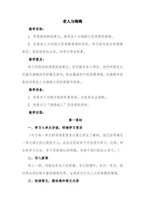 部编版小学语文《老人与海鸥》优质课教案教学设计
