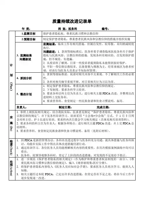 医院医务科保护患者隐私权,尊重民族习惯和宗教信仰PDCA持续质量改进记录表PDCA模板