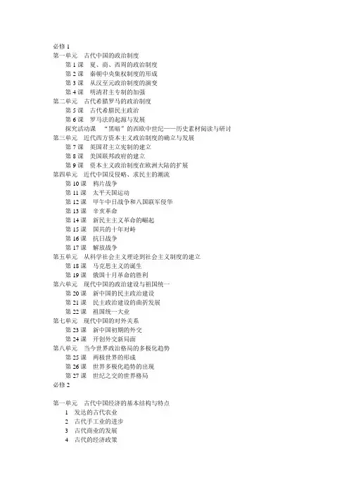 高中历史教材目录(人教版)