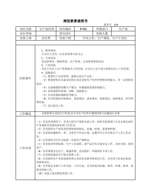 生产部经理岗位职责说明书