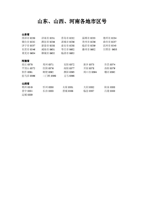 山东河南山西各地市区号