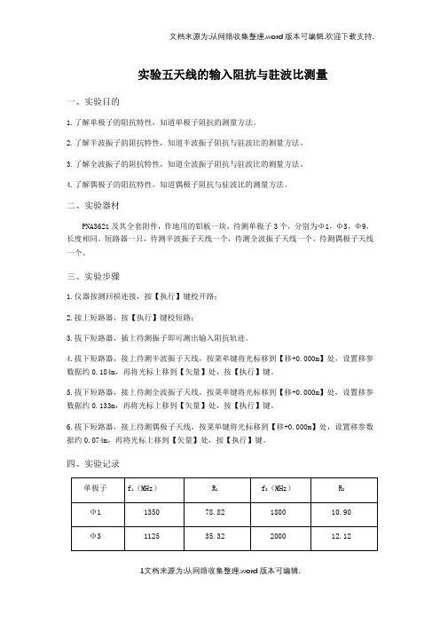 实验五天线的输入阻抗与驻波比测量