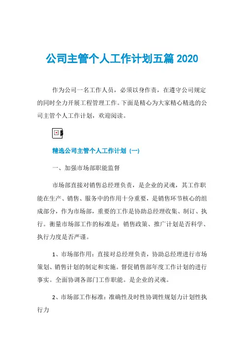 公司主管个人工作计划五篇2020