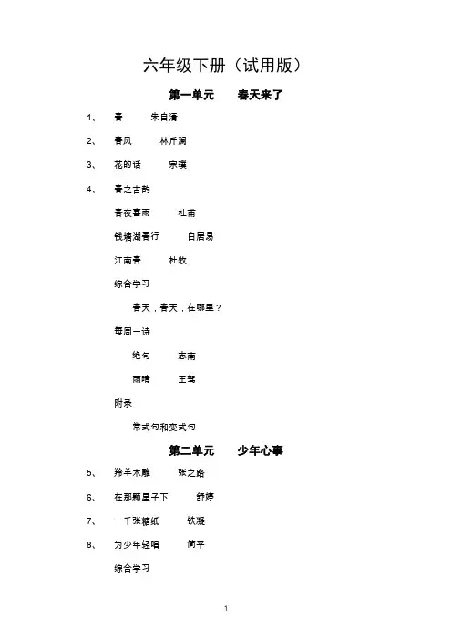 沪教版初中语文六年级下册教材目录