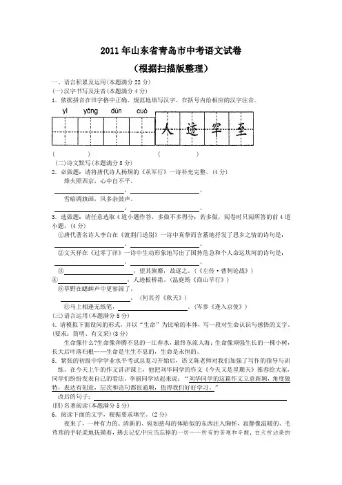 山东省青岛市2011年中考语文试卷及答案