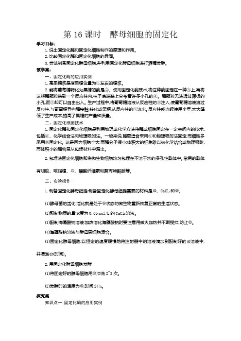 江苏省响水中学人教版高中生物选修一4.3酵母细胞的固定化 导学案