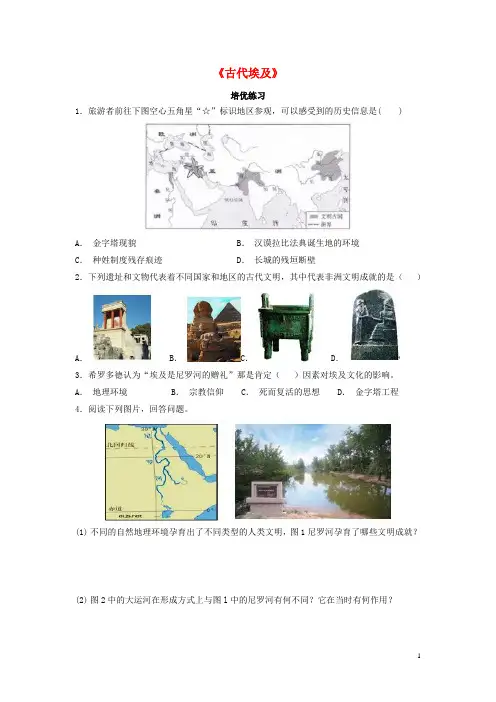 九年级历史上册 第一单元 上古亚非文明 第1课《古代埃及》培优练习(含解析) 岳麓版