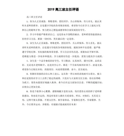 2019高三班主任评语