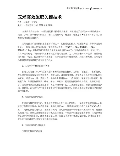 玉米高效施肥关键技术