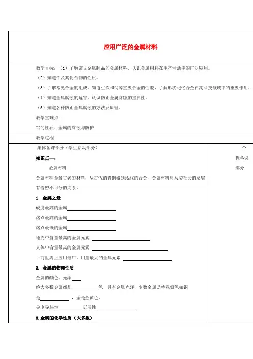 高中化学专题3丰富多彩的生活材料第一单元应用广泛的金属材料学案无答案苏教版选修12017093011.doc