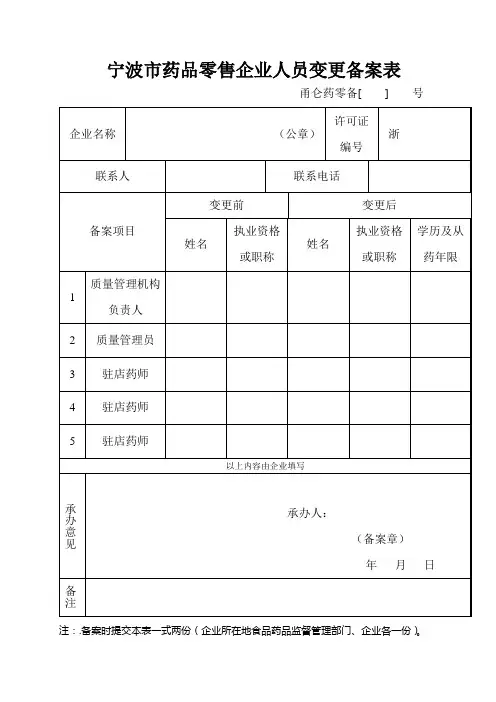 变更备案所需表格