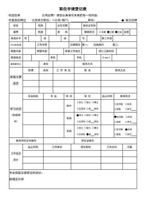 职位申请表模板