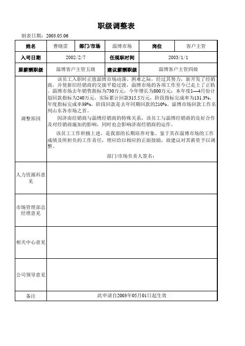 职级调整申请表2003